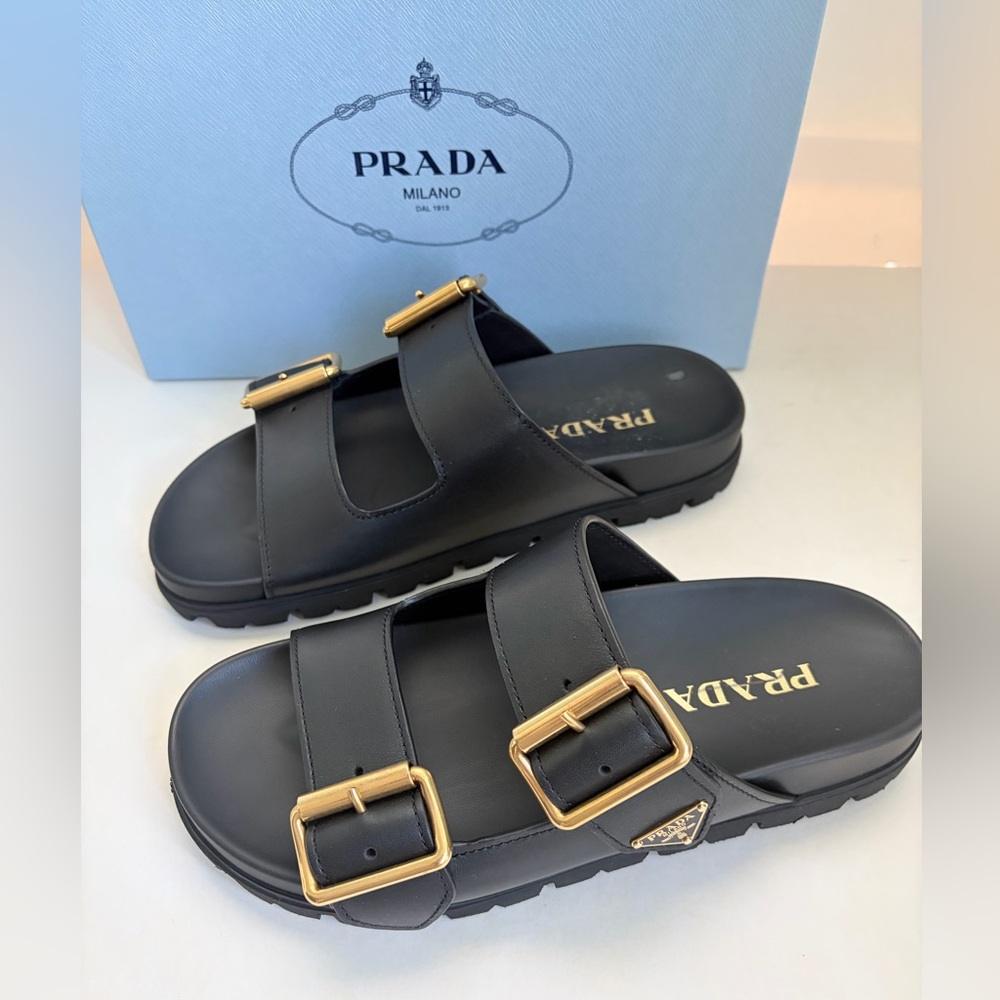 Prada Women’s Leather Dual-Buckle Slide Sandals - Picture 4 of 12